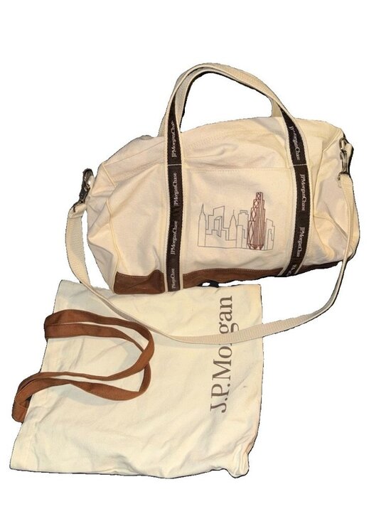 JPMorgan Chase Duffle Bag Tote Canvas Beige Brown Straps Lot of 2 SPOTS STRINGS